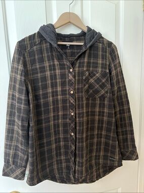 tentree Olive Green and Charcoal Plaid Hooded Button-Down Shirt